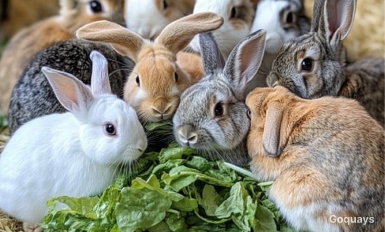 A close-up of a rabbit happily munching on a pile of fresh hay in its enclosure