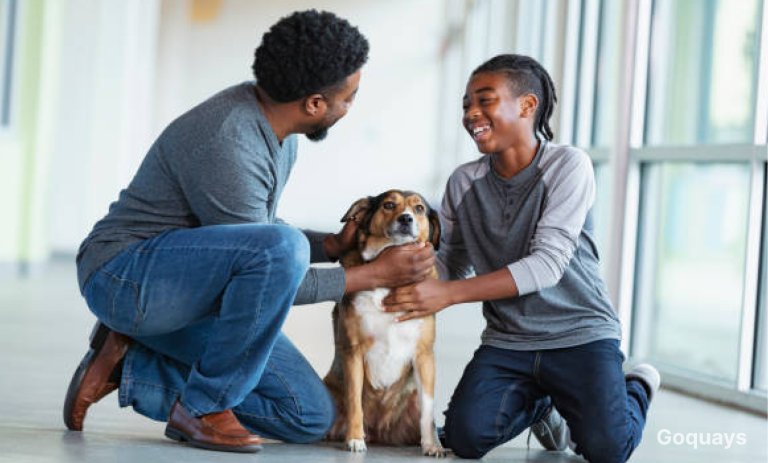 A smiling person kneeling beside a happy rescue dog at home, both looking relaxed and content
