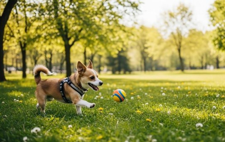 A dog bounds in the park, tail wagging wildly