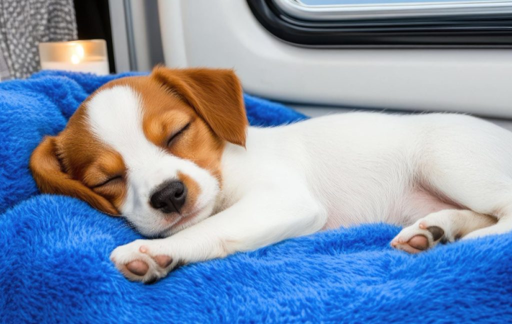 A dog resting between flight