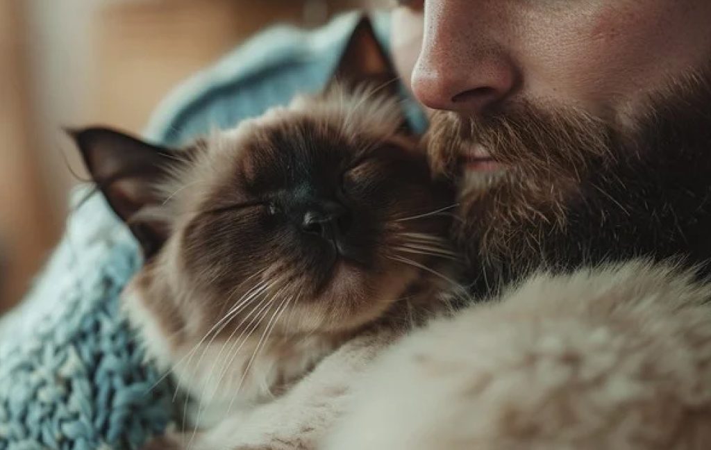 A cat purring in an owner’s arms