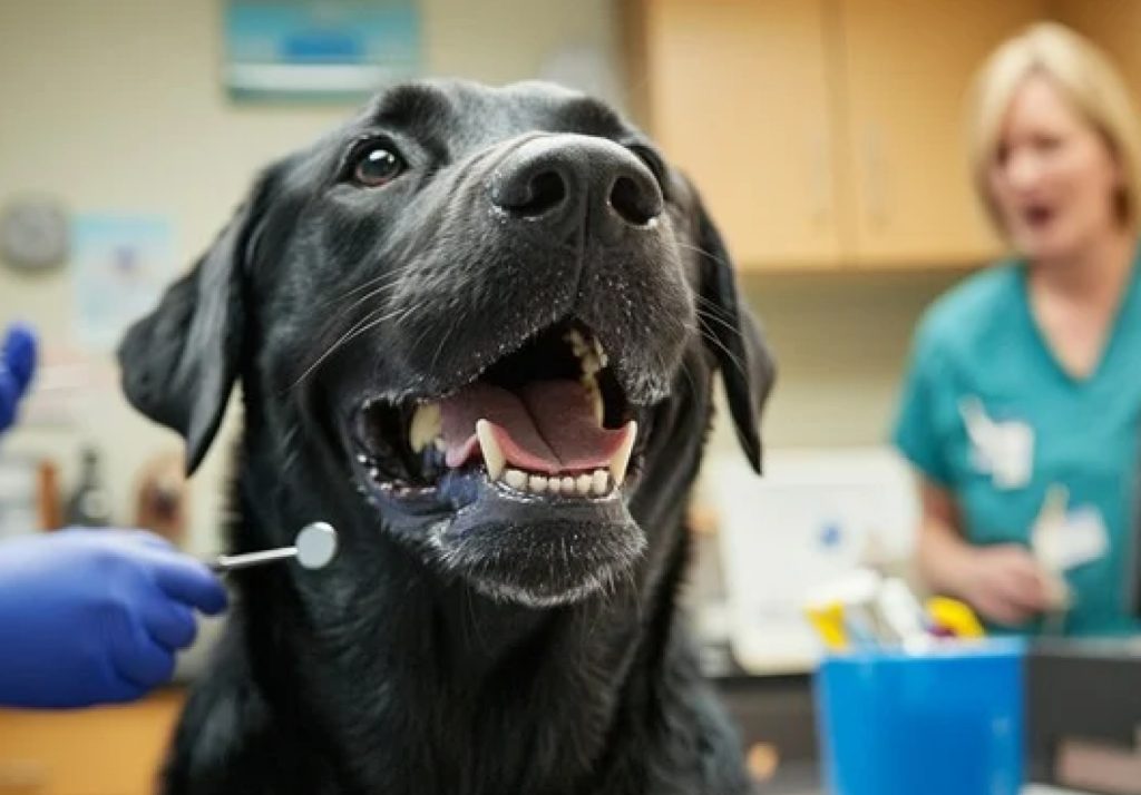a dog getting his teeth checked at. the dentist